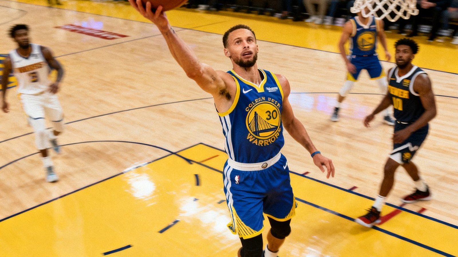 NBA季后赛勇士对阵掘金比赛中，库里在三分线外快速出手的精彩画面，篮球划出优美弧线飞向篮筐