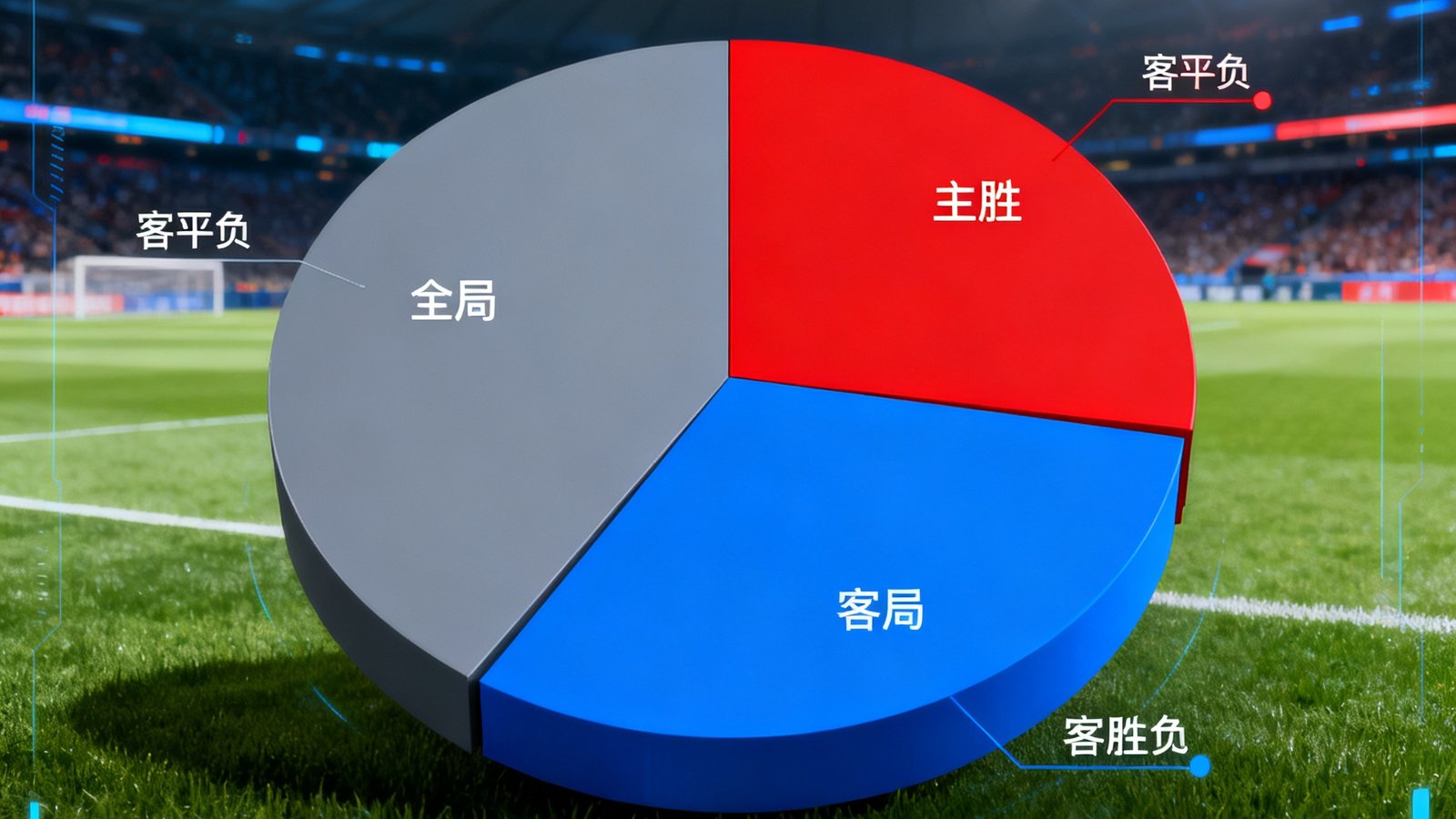 人工智能数据分析界面展示足球比赛胜平负概率分布饼图，红色代表主胜概率，蓝色代表客胜概率，灰色为平局概率